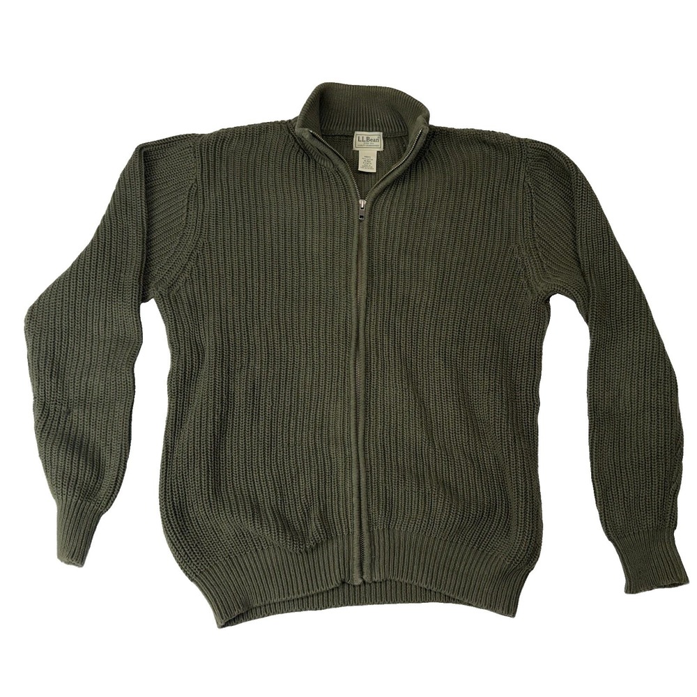 LL Bean Mens Medium Heavy Chunky Knit Full Zip Sweater Fisherman Military Green
